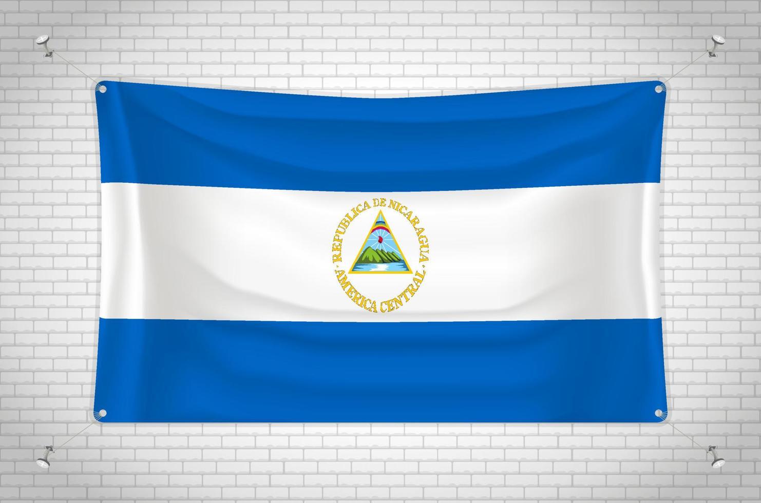Nicaragua flag hanging on brick wall. 3D drawing. Flag attached to the wall. Neatly drawing in groups on separate layers for easy editing. vector