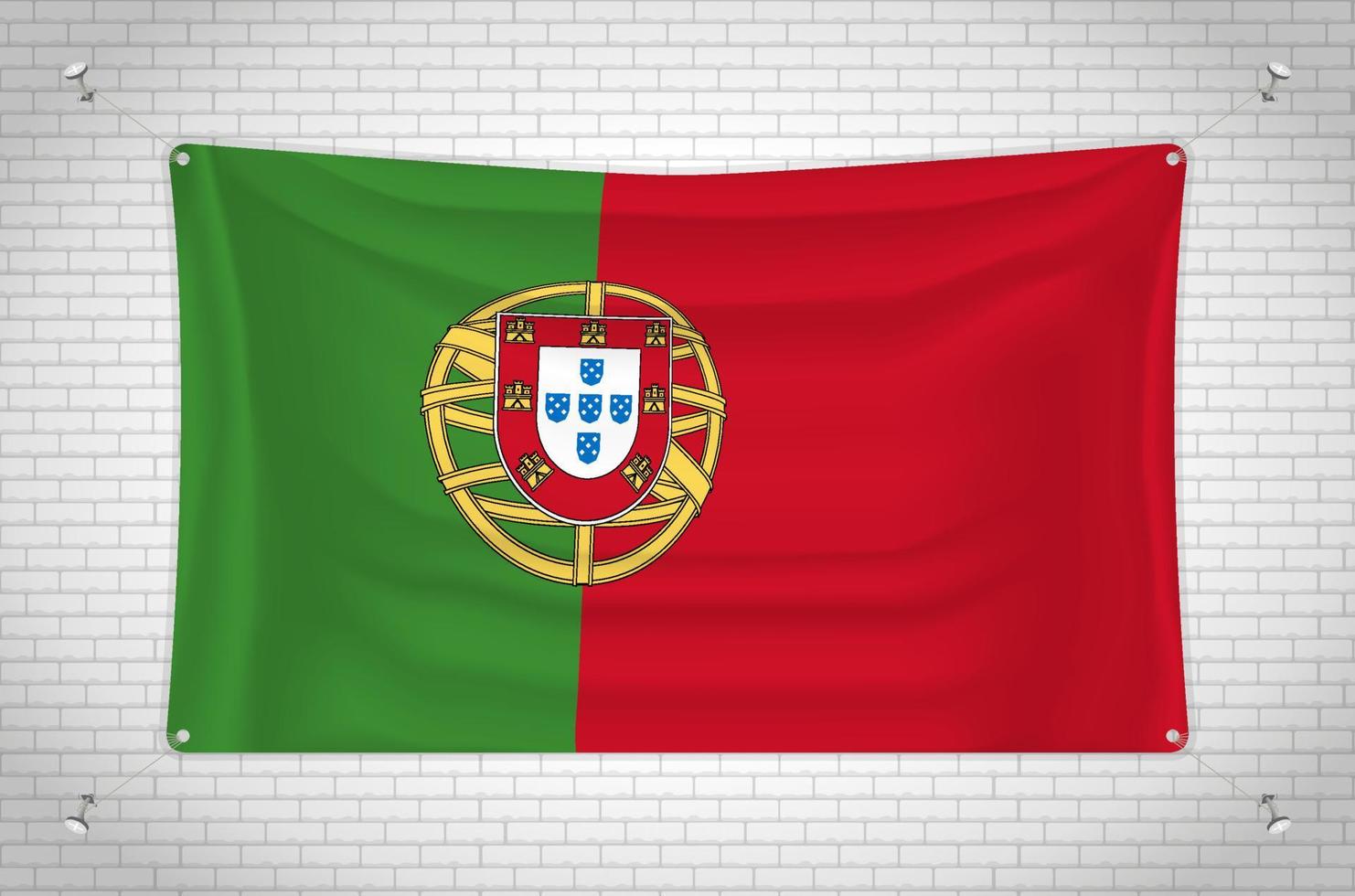 Portugal flag hanging on brick wall. 3D drawing. Flag attached to the wall. Neatly drawing in groups on separate layers for easy editing. vector