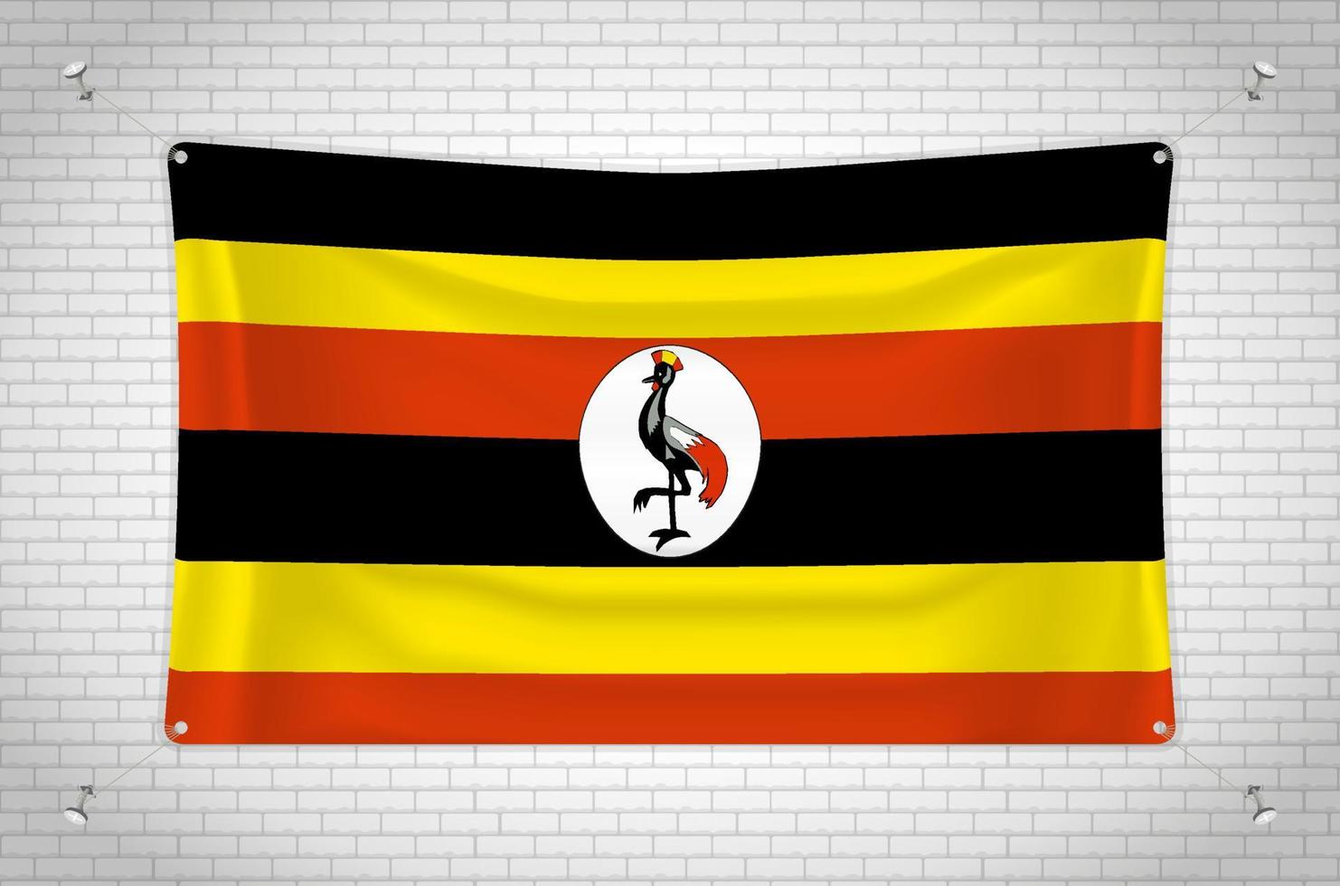 Uganda flag hanging on brick wall. 3D drawing. Flag attached to the wall. Neatly drawing in groups on separate layers for easy editing. vector