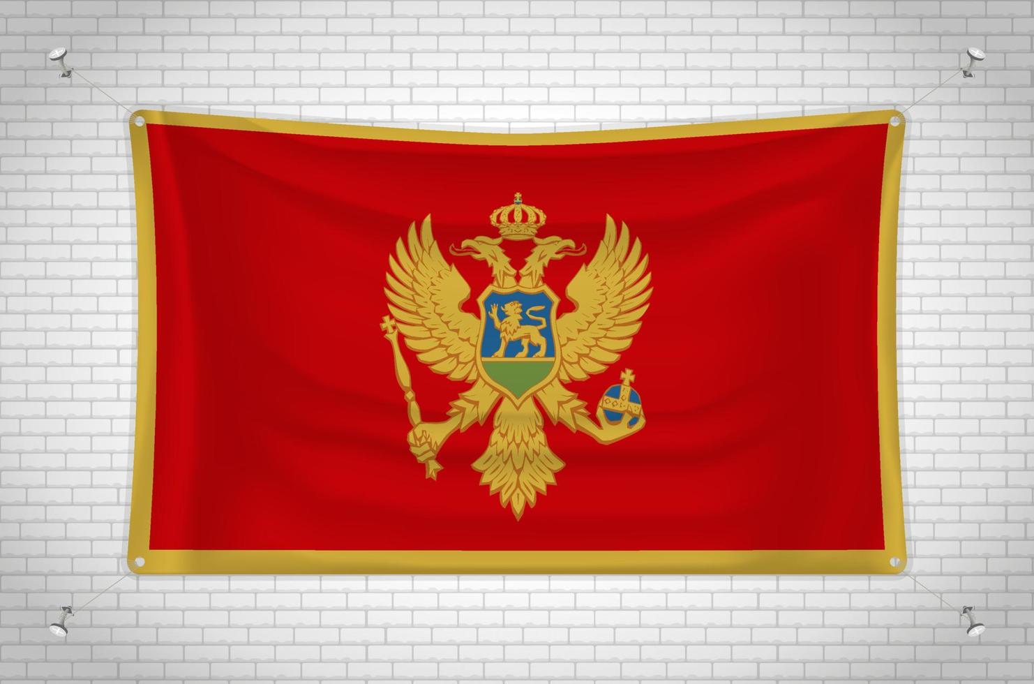 Montenegro flag hanging on brick wall. 3D drawing. Flag attached to the wall. Neatly drawing in groups on separate layers for easy editing. vector