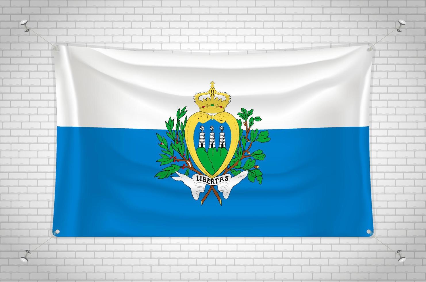 San Marino flag hanging on brick wall. 3D drawing. Flag attached to the wall. Neatly drawing in groups on separate layers for easy editing. vector