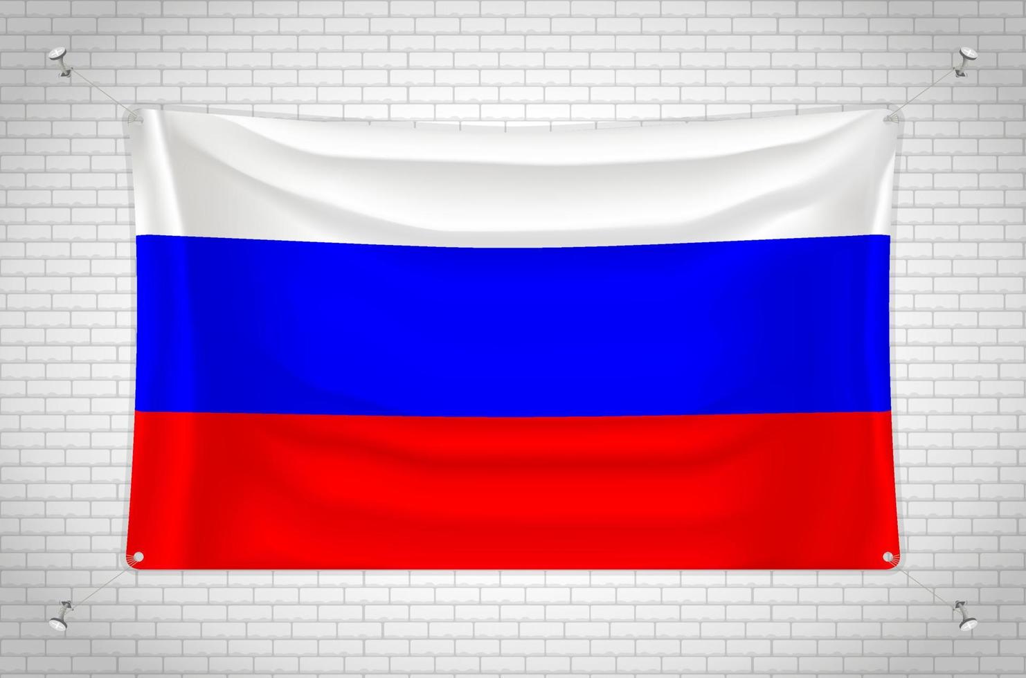 Russia flag hanging on brick wall. 3D drawing. Flag attached to the wall. Neatly drawing in groups on separate layers for easy editing. vector