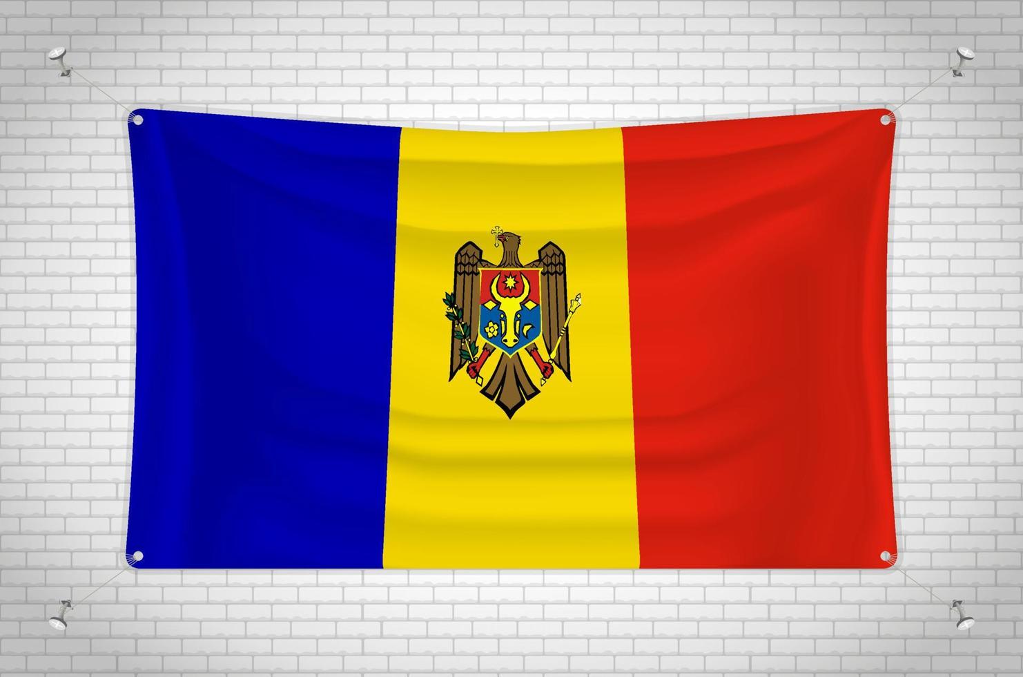 Moldova flag hanging on brick wall. 3D drawing. Flag attached to the wall. Neatly drawing in groups on separate layers for easy editing. vector