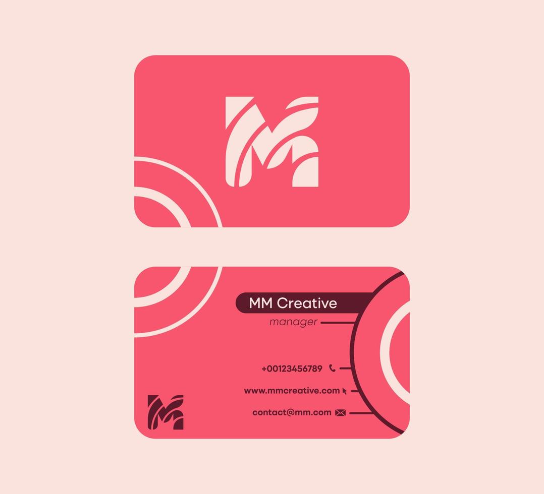 Corporate Business Card that starts with the letter M. Linear original colorful business card. Front and back sided pre-made card template. vector