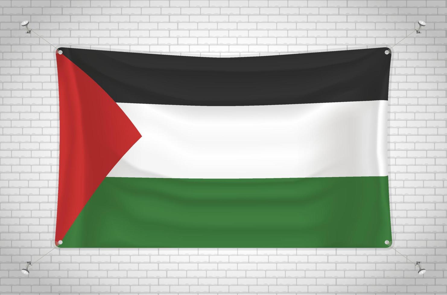 Palestine flag hanging on brick wall. 3D drawing. Flag attached to the wall. Neatly drawing in groups on separate layers for easy editing. vector