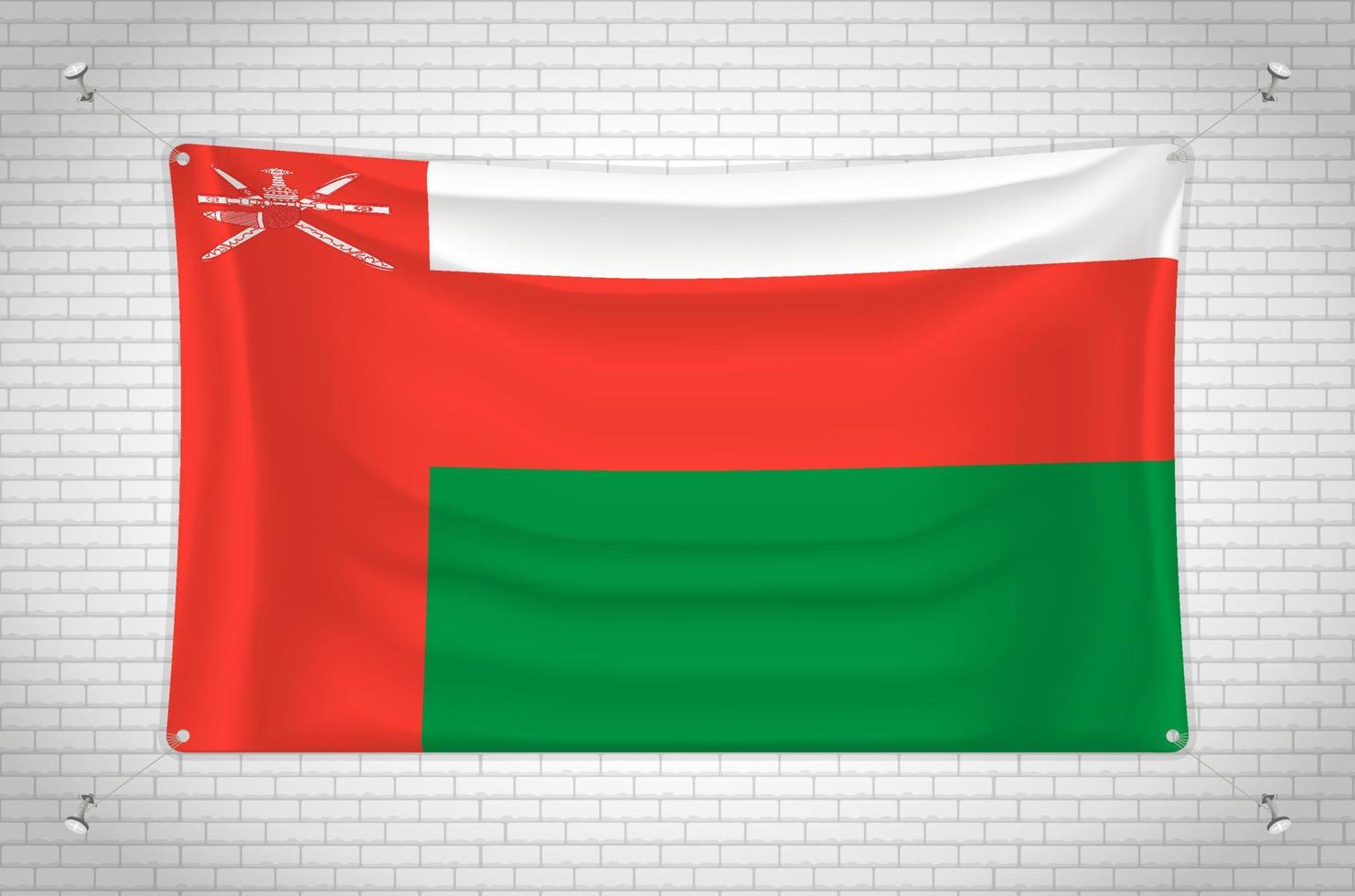 Oman flag hanging on brick wall. 3D drawing. Flag attached to the wall. Neatly drawing in groups on separate layers for easy editing. vector