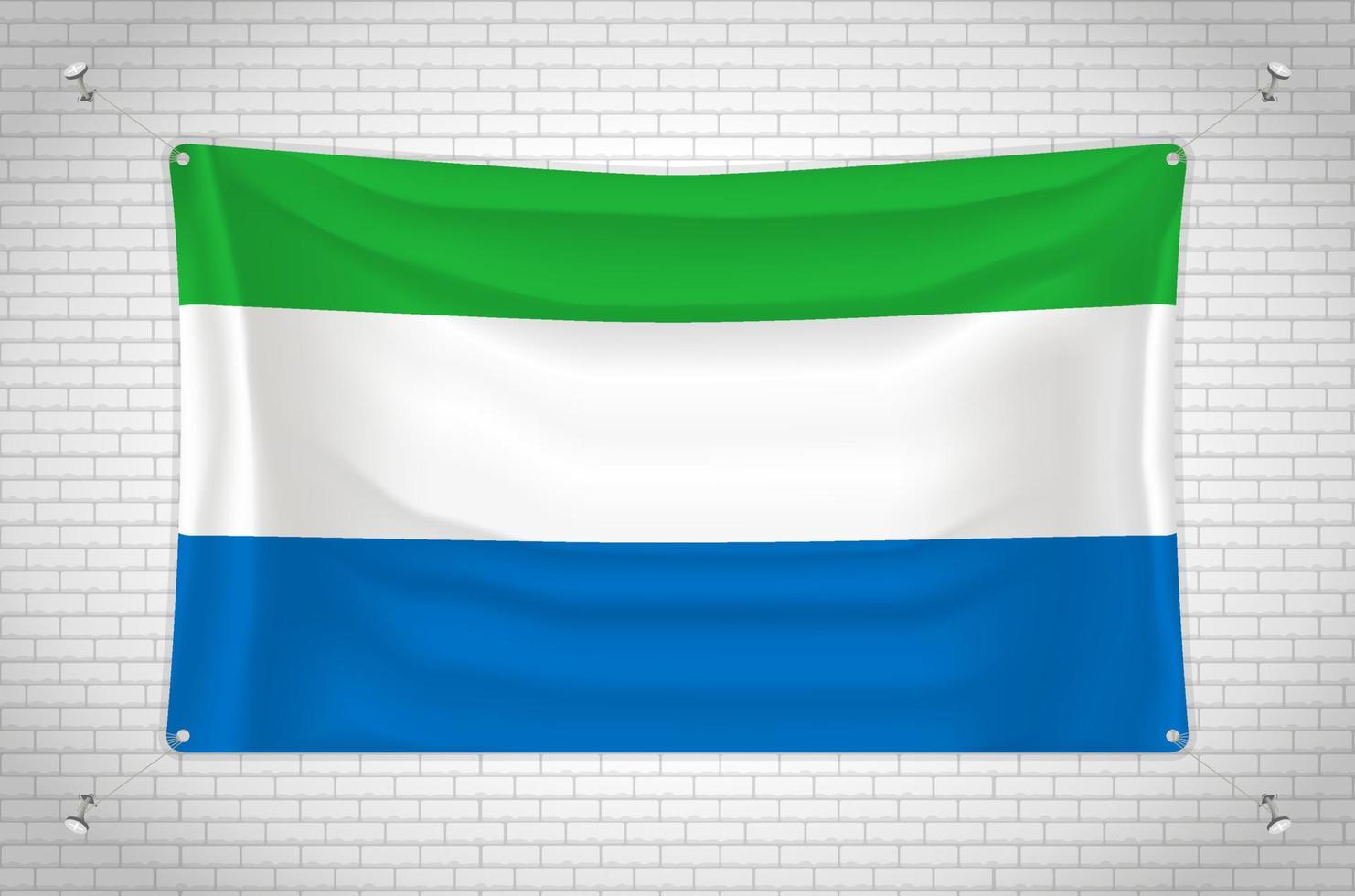 Sierra Leone flag hanging on brick wall. 3D drawing. Flag attached to the wall. Neatly drawing in groups on separate layers for easy editing. vector