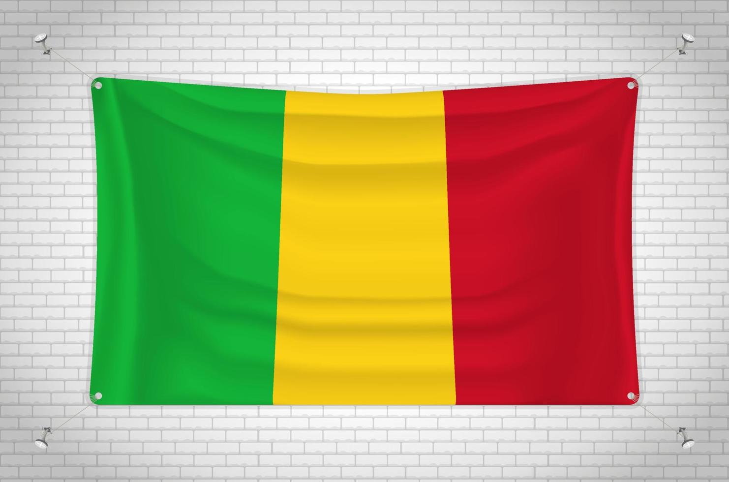 Mali flag hanging on brick wall. 3D drawing. Flag attached to the wall. Neatly drawing in groups on separate layers for easy editing. vector