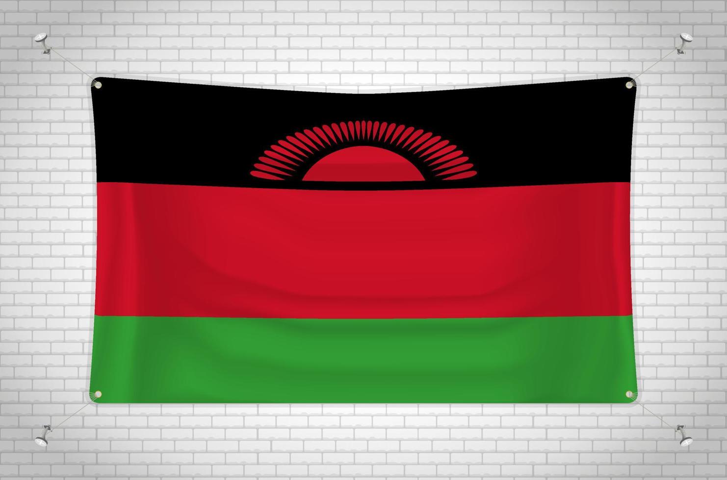 Malawi flag hanging on brick wall. 3D drawing. Flag attached to the wall. Neatly drawing in groups on separate layers for easy editing. vector