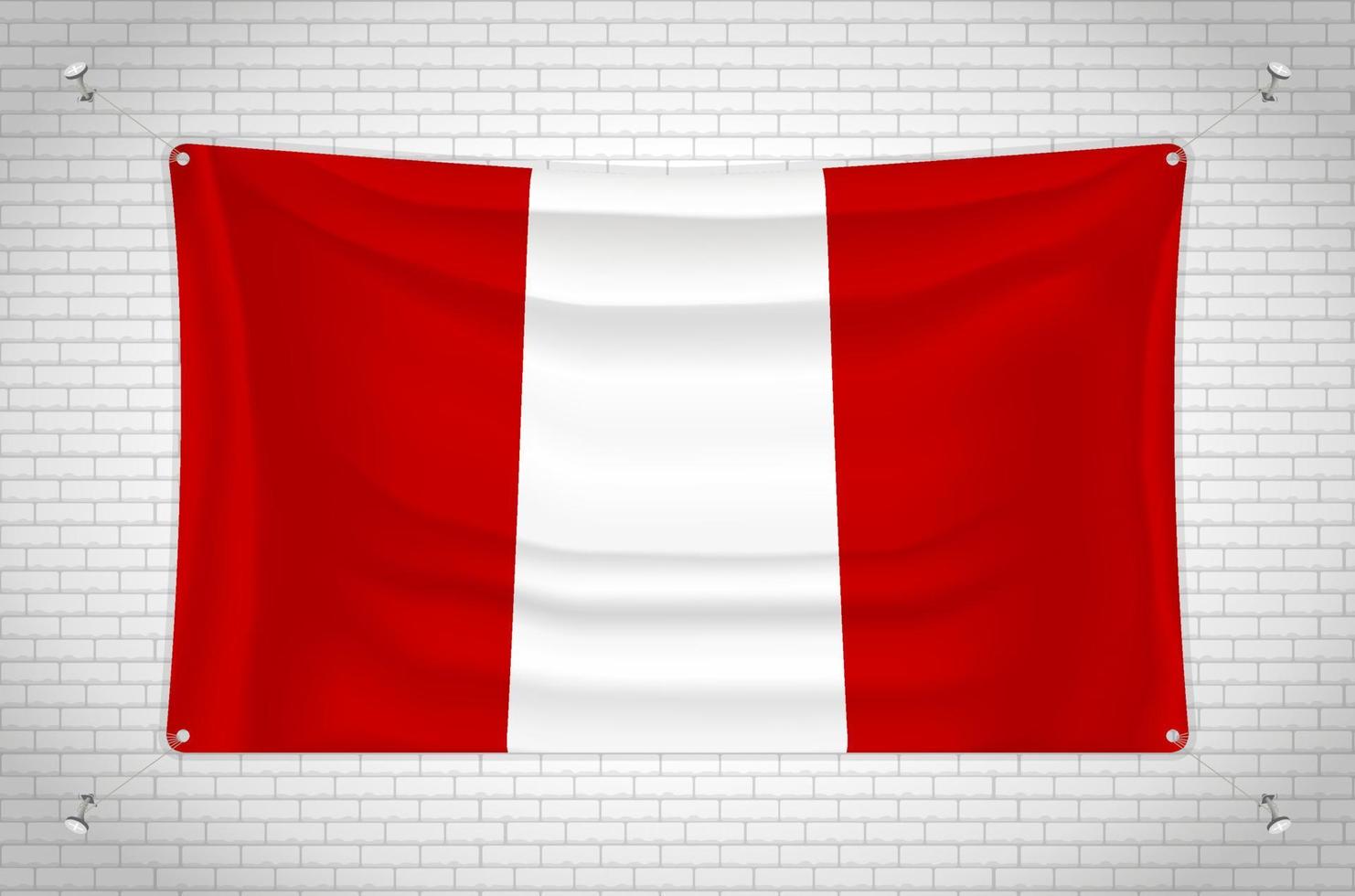 Peru flag hanging on brick wall. 3D drawing. Flag attached to the wall. Neatly drawing in groups on separate layers for easy editing. vector
