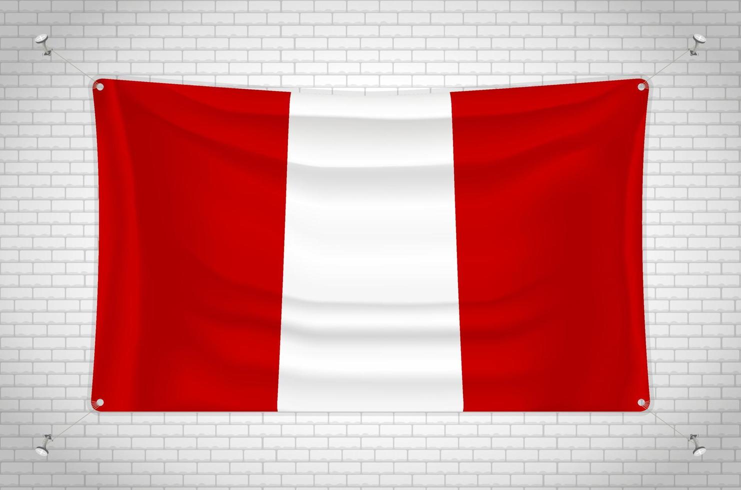 bandera peruana colgada en la pared de ladrillo. dibujo 3d bandera pegada a la pared. dibujar cuidadosamente en grupos en capas separadas para facilitar la edición. vector