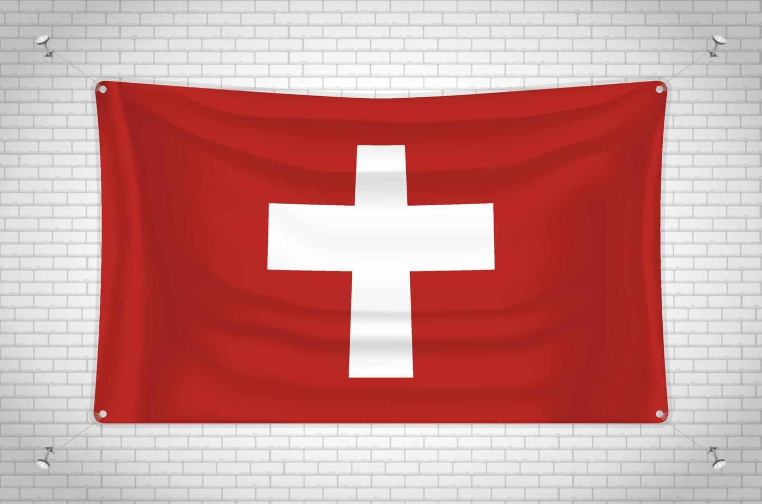 Switzerland flag hanging on brick wall. 3D drawing. Flag attached to the wall. Neatly drawing in groups on separate layers for easy editing. vector