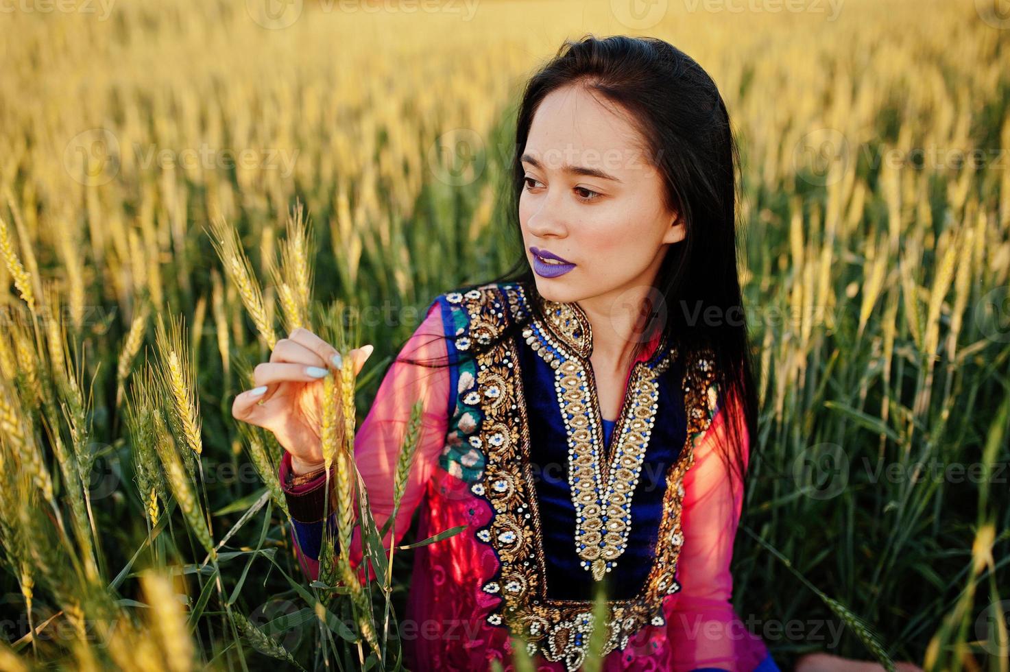 Tender indian girl in saree, with violet lips make up posed at field in sunset. Fashionable india model. photo