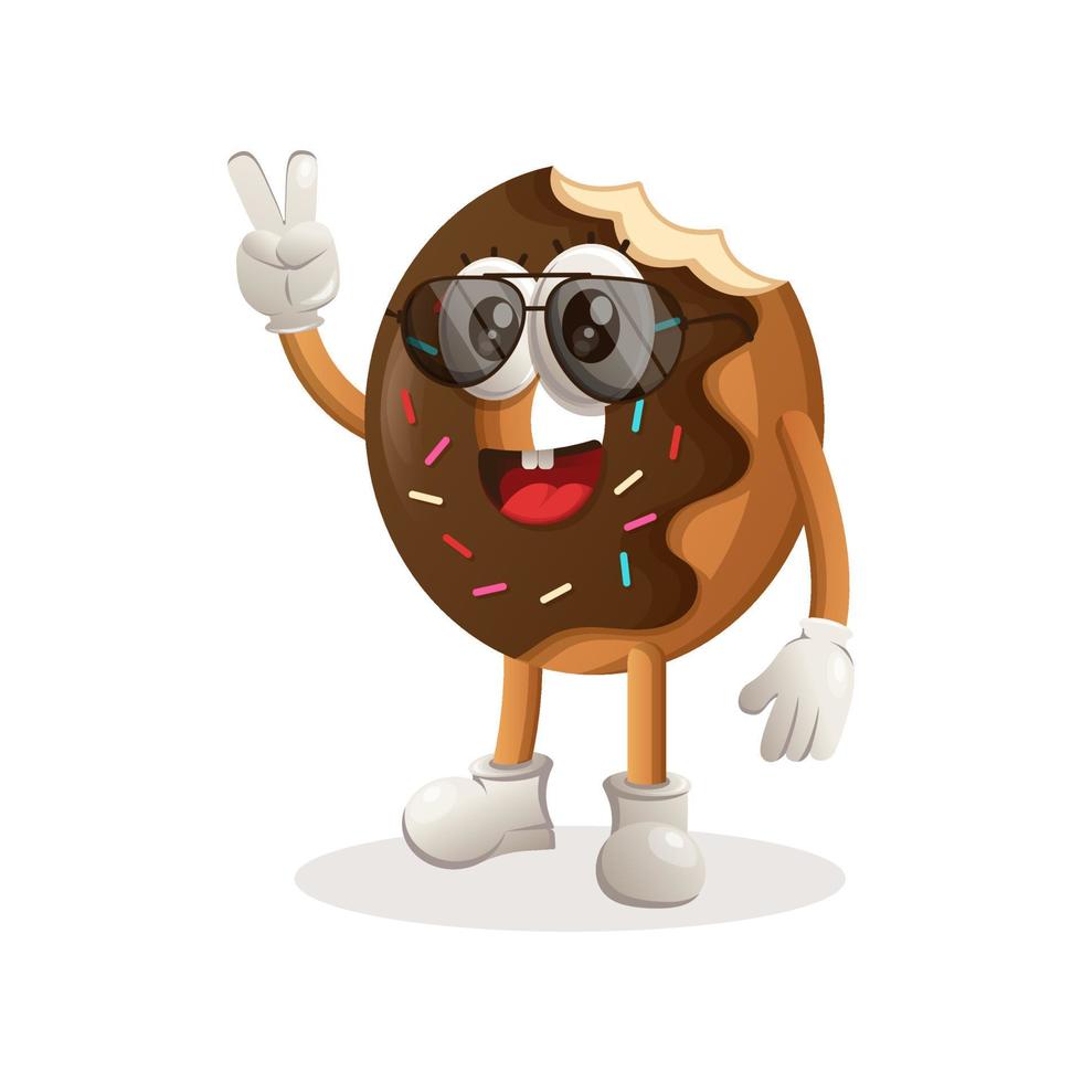 Donut mascot design with peace hand, wearing sunglasses. vector