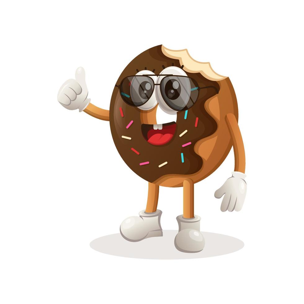 diseño de mascota de donut pulgar arriba, con gafas de sol. vector