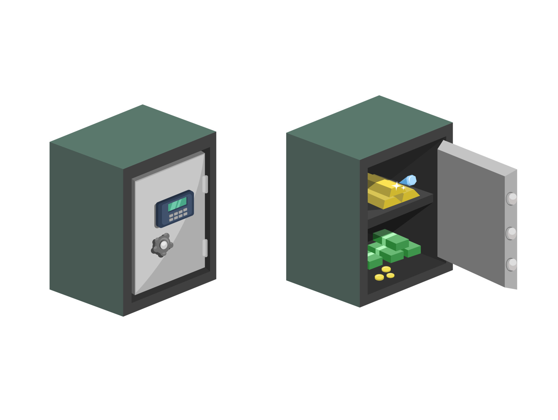 Safe box locked and open with money and gold symbol set illustration