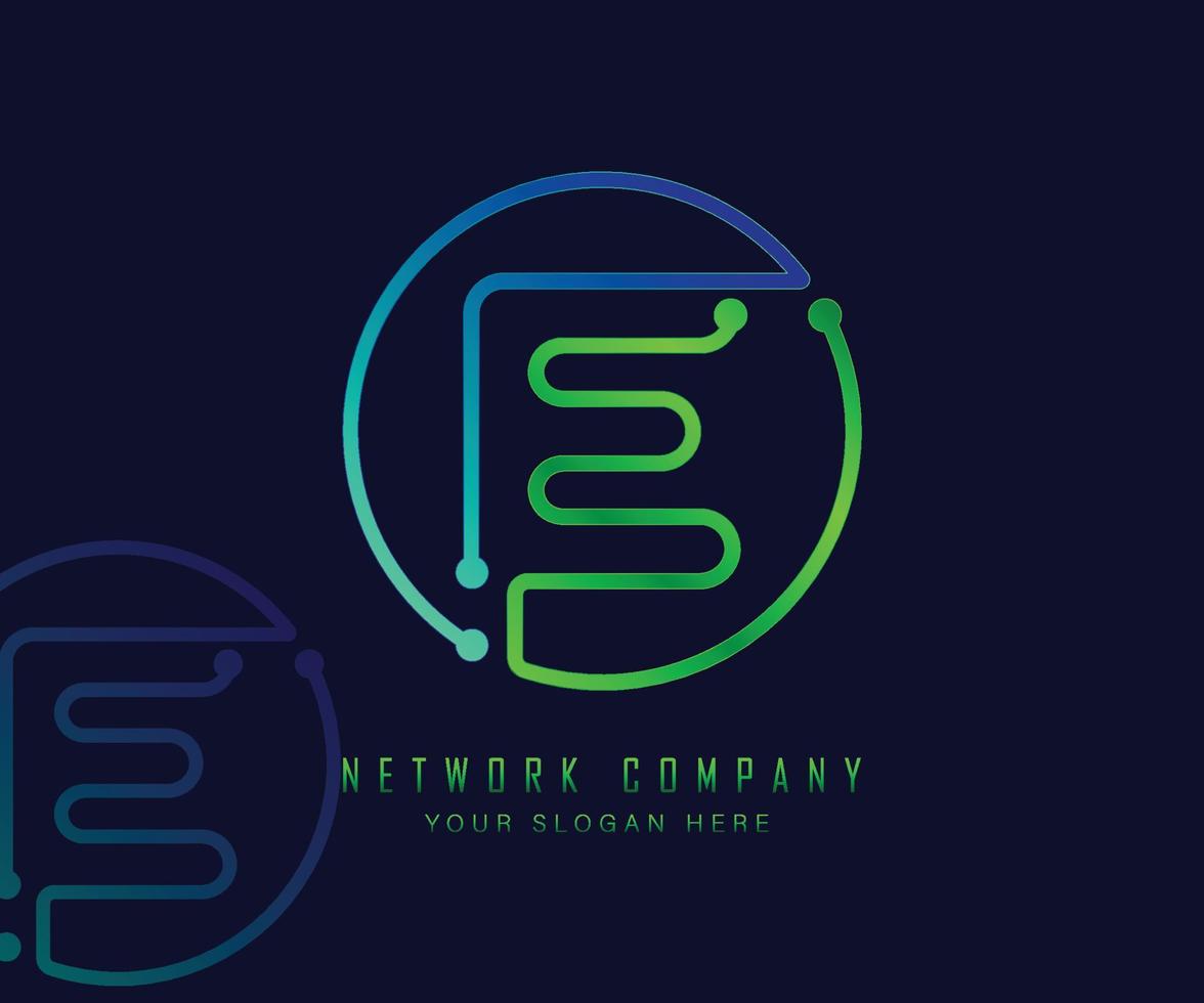 Letter E in circle with network, technology and connection dot concept vector