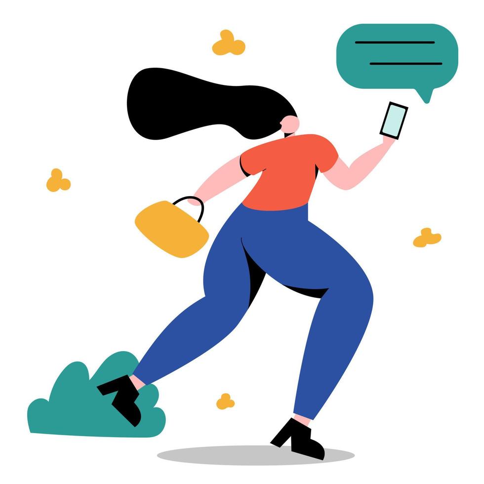 concepto de aceleración, prisa, aumento de velocidad, mejora de velocidad, mensaje urgente, servicio expreso. mujer corre con smartphone. chica feliz en movimiento activo. estilo plano aislado en blanco. chica caminando vector