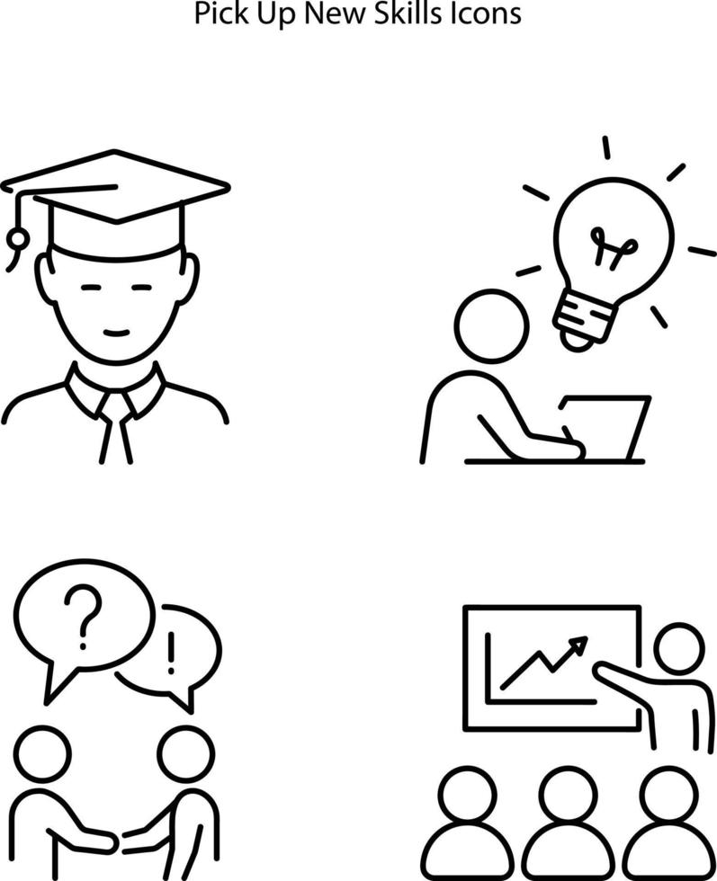 Upgrade your skills icons. Look for ways to develop new skills idea thin line illustration. Learn more new information. vector