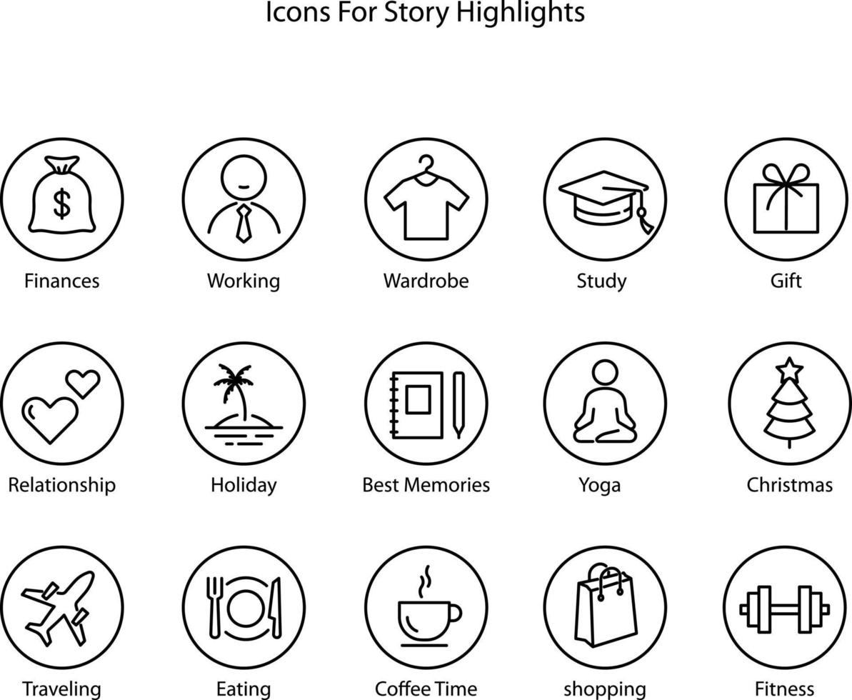 Highlights Line Icon Set. Highlights for Lifestyle, Travel and Beauty Bloggers, Photographers and Designers. Stories Covers Contain wardrobe, Finance, Education, Fitness topics, shopping, holidays. vector