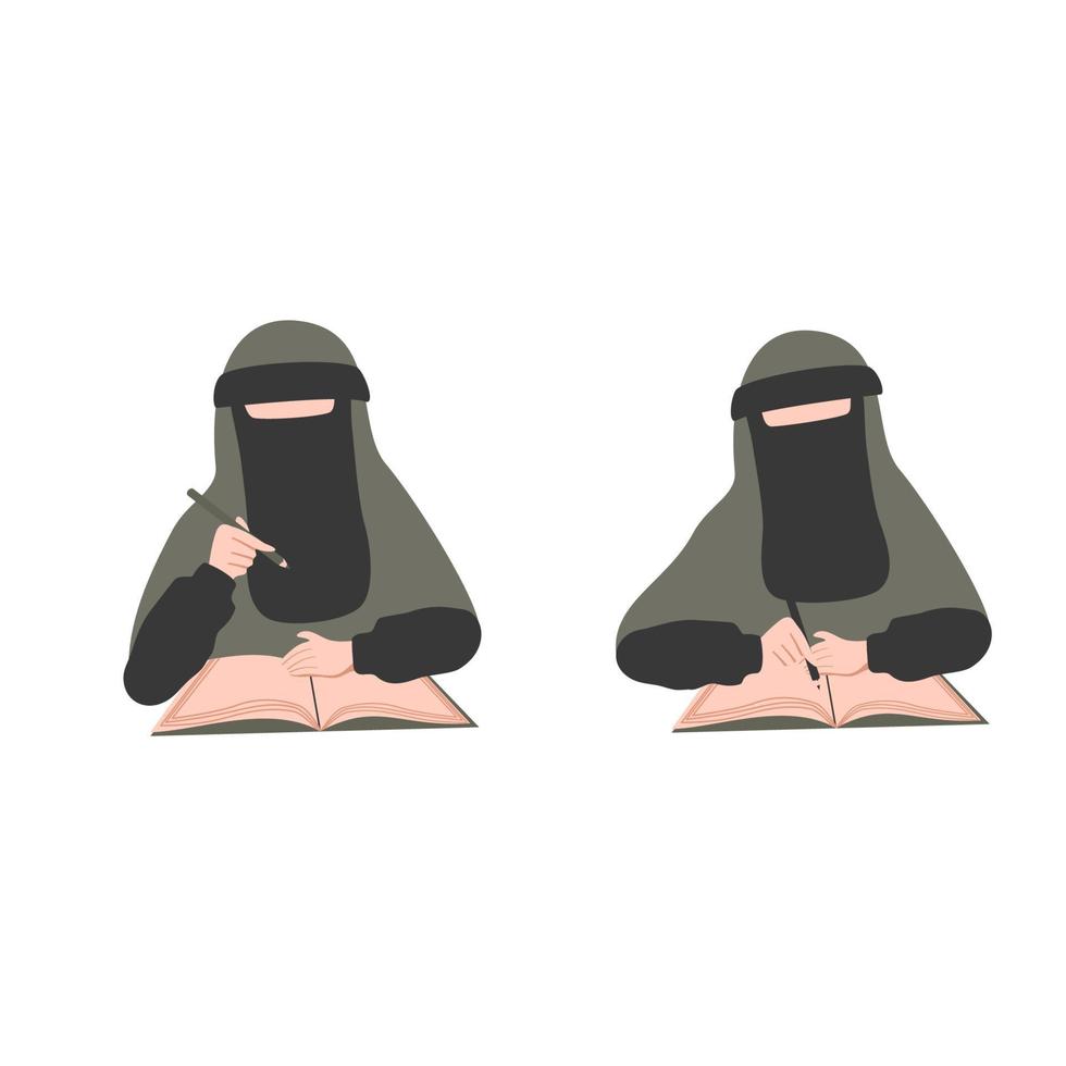 muslimah niqabis con estudio de pluma y libro vector