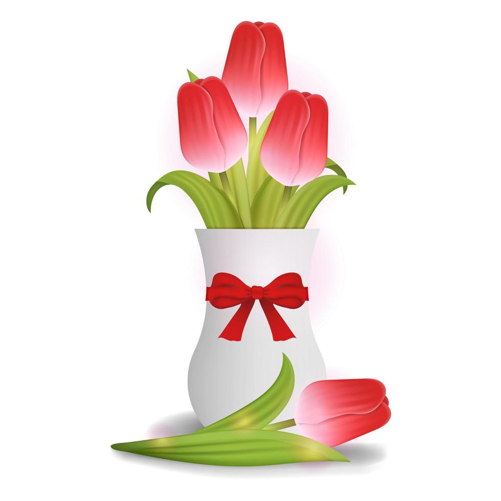 Bouquet of Red Tulips in White Ceramic Vase with Red Bow. Vector Illustration for Your Design isolated on white background.