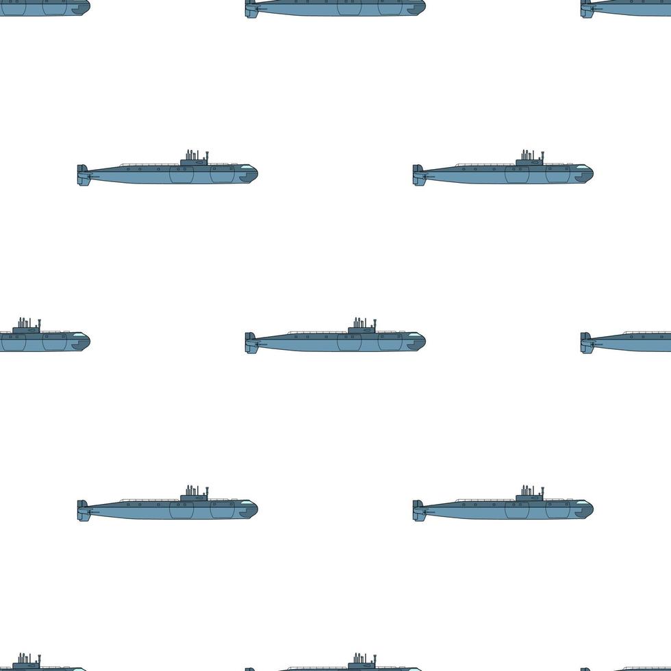 Seamless pattern with detailed submarine. Side view. Warship in flat style. Military ship. Battleship model. Vector illustration for design, web, wrapping paper, fabric, wallpaper.