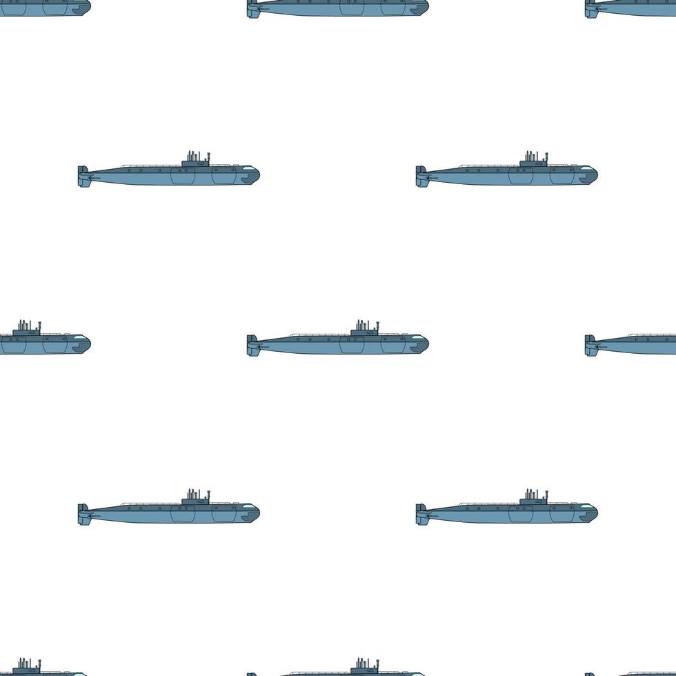 Seamless pattern with detailed submarine. Side view. Warship in flat style. Military ship. Battleship model. Vector illustration for design, web, wrapping paper, fabric, wallpaper.
