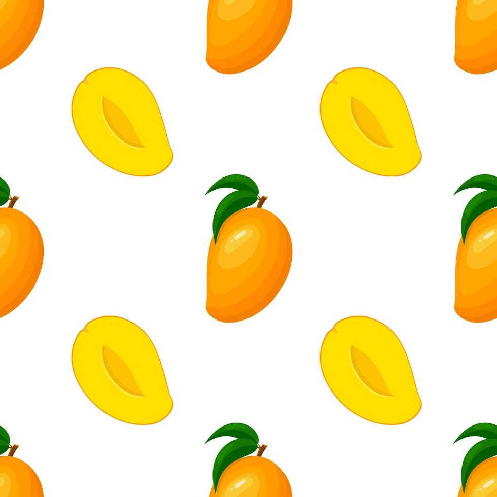 Seamless pattern with fresh bright exotic whole and half mango isolated on white background. Summer fruits for healthy lifestyle. Organic fruit. Cartoon style. Vector illustration for any design.