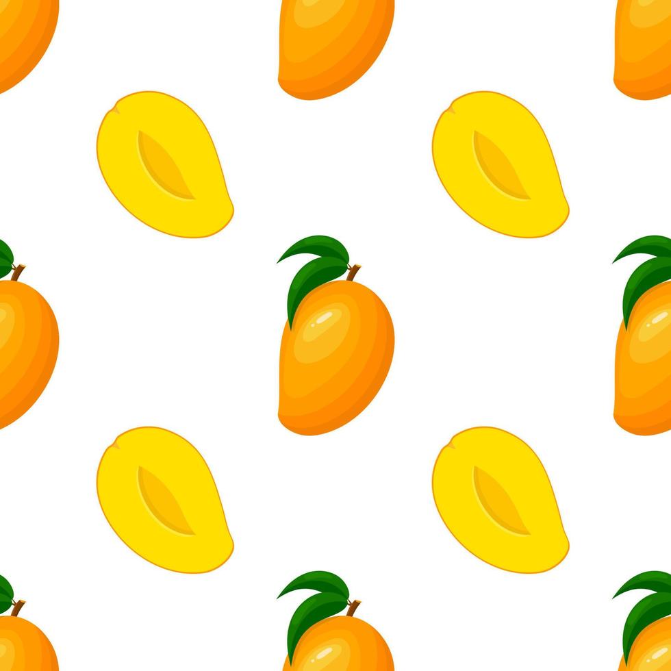 Seamless pattern with fresh bright exotic whole and half mango isolated on white background. Summer fruits for healthy lifestyle. Organic fruit. Cartoon style. Vector illustration for any design.