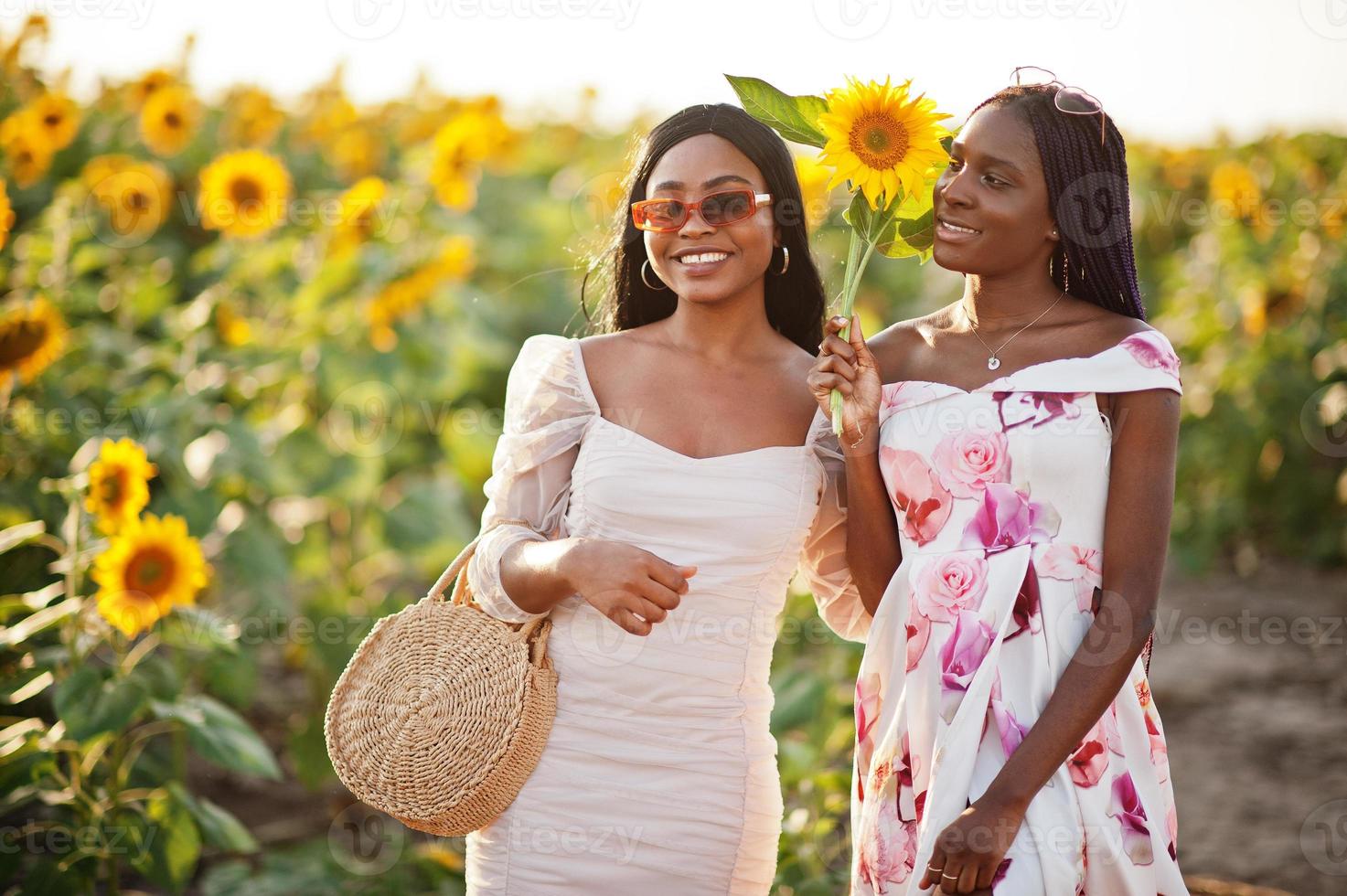 dos jóvenes amigas negras usan pose de vestido de verano en un campo de girasoles. foto