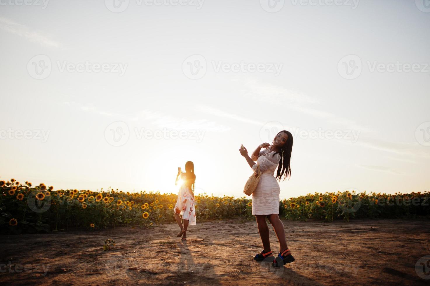 Two pretty young black friends woman wear summer dress pose in a sunflower field. photo