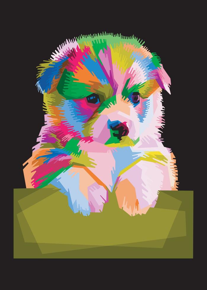 colorful puppy carrying board on cool isolated pop art style background. WPAP style vector