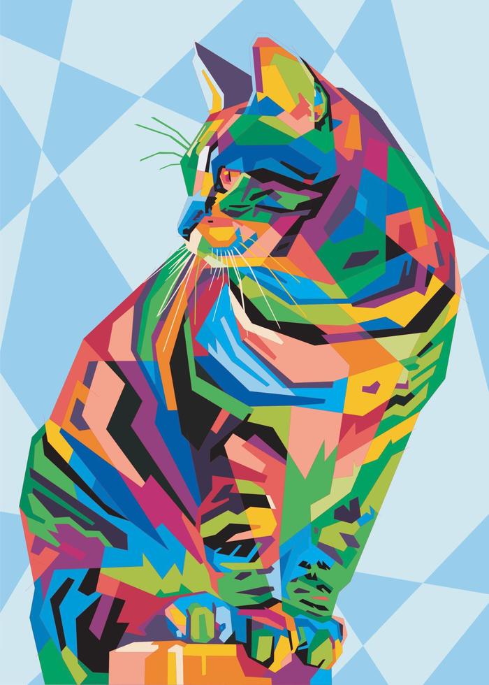 gato lindo colorido en estilo pop art fondo de motivo de geometría azul aislado vector