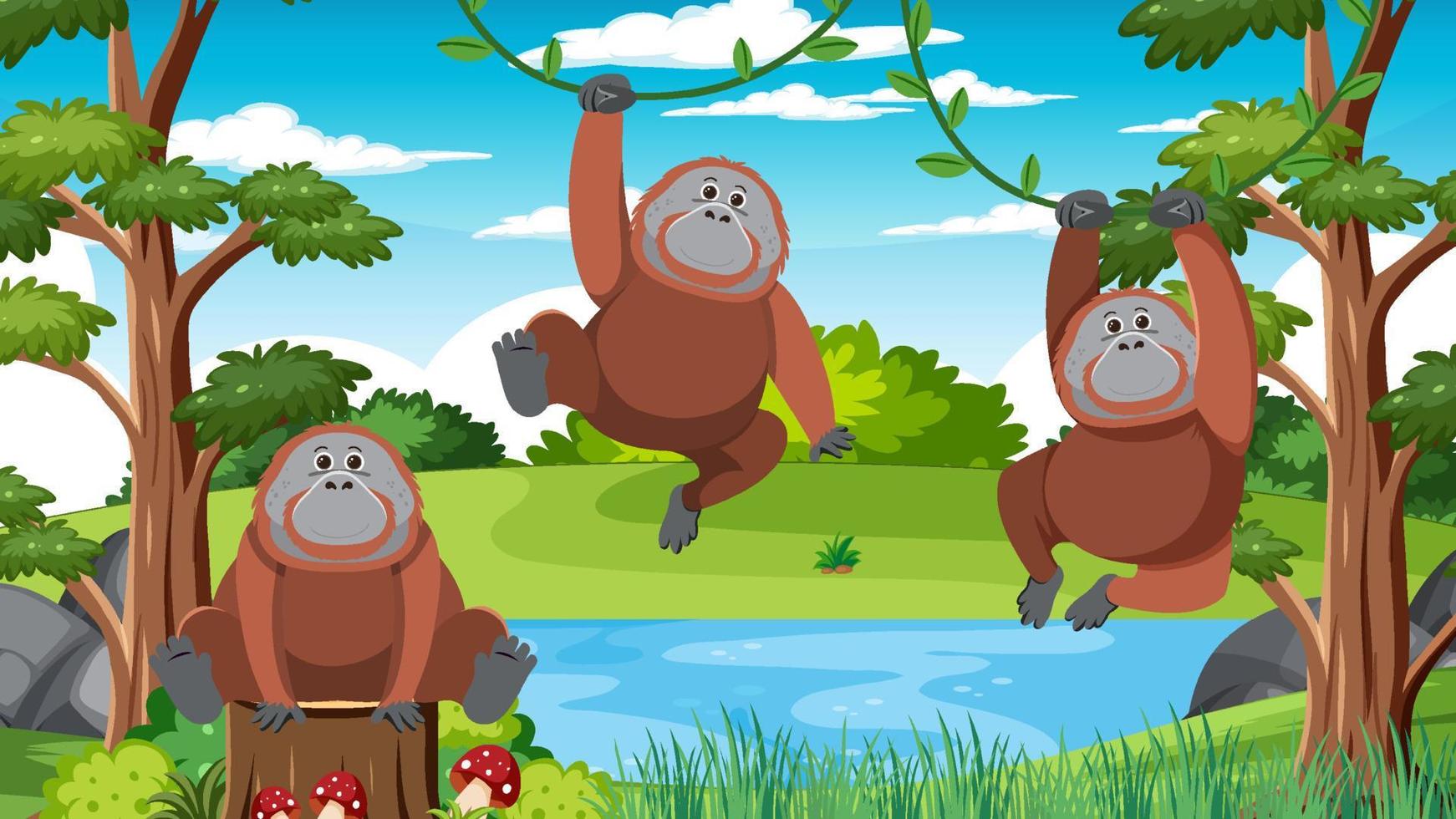 grupo de orangutanes en el bosque vector