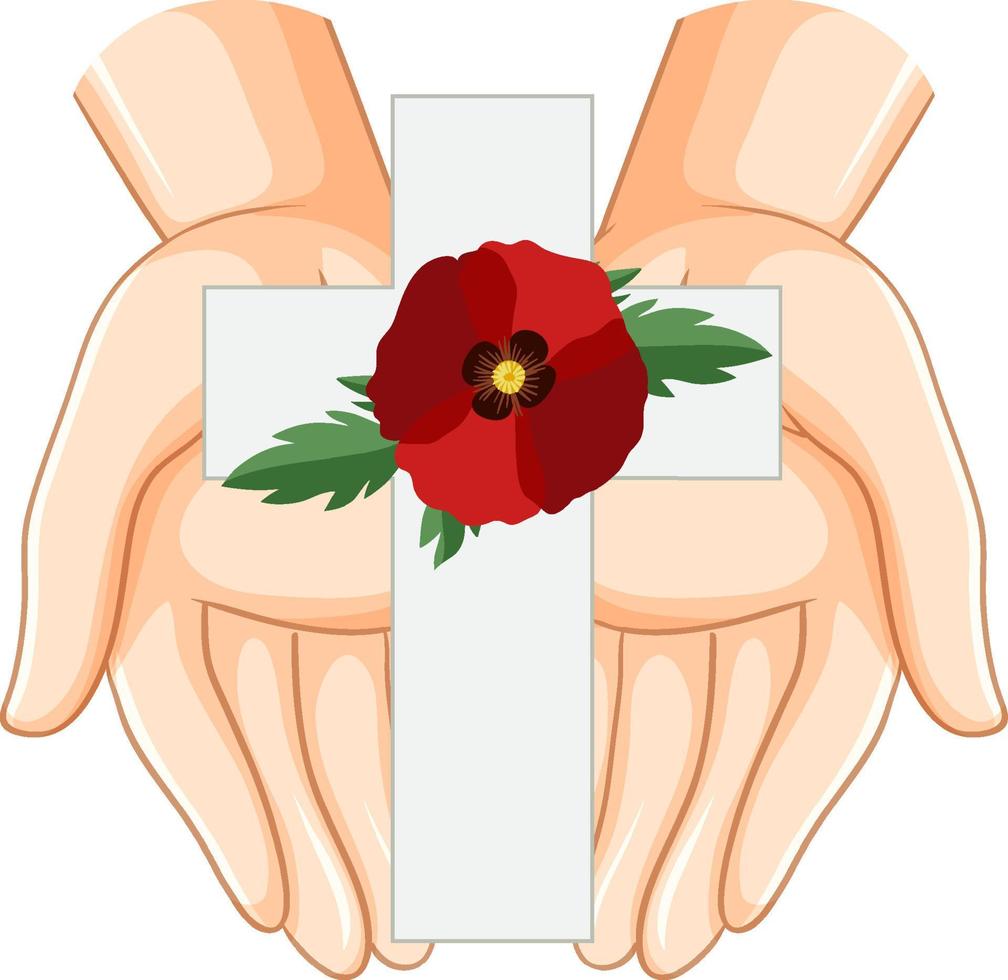 Poppy flowers on cross gravestone for remembrance day icon vector