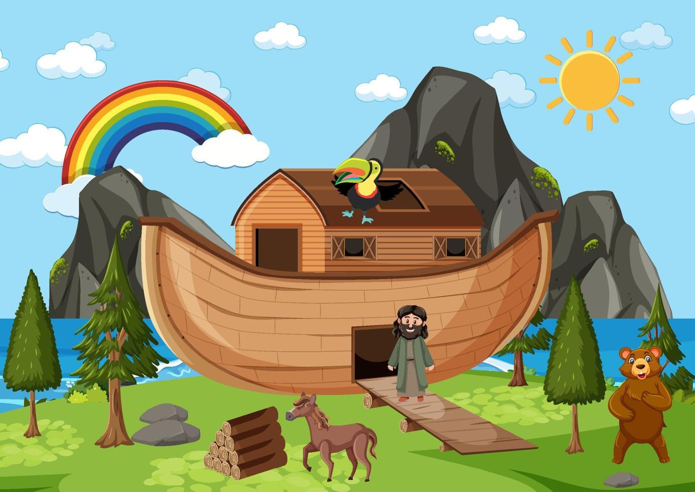 Noah's Ark with wild animals in nature scene vector