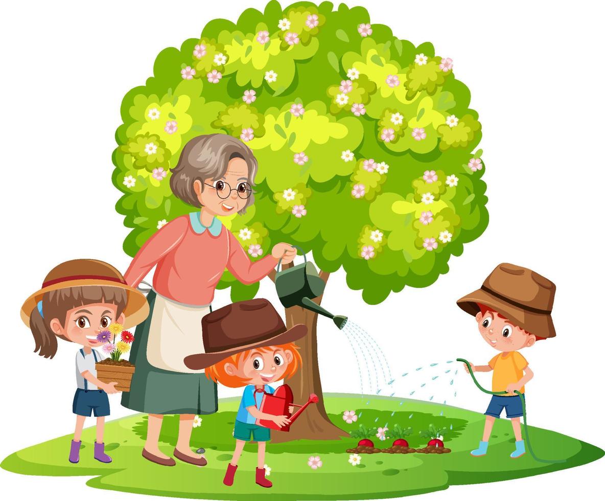 Grandmother with children gardening isolated vector
