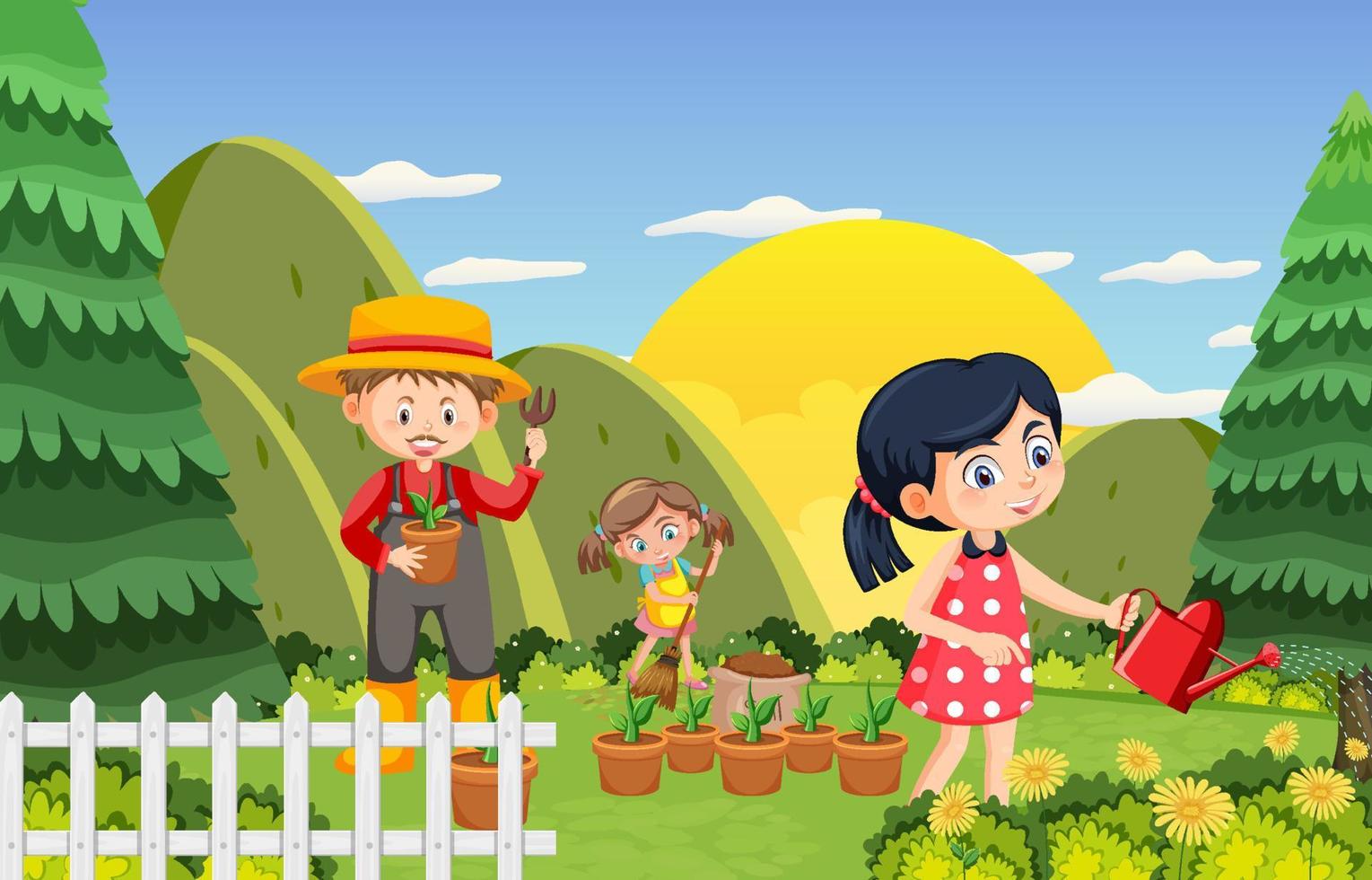 Happy people in the park gardening vector