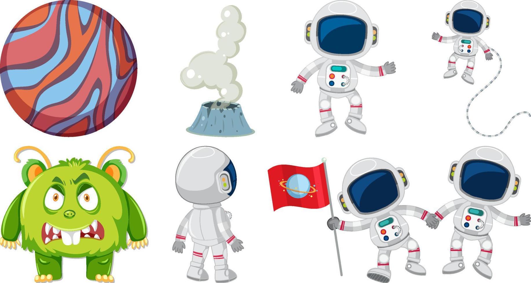 Set of space cartoon characters and objects vector