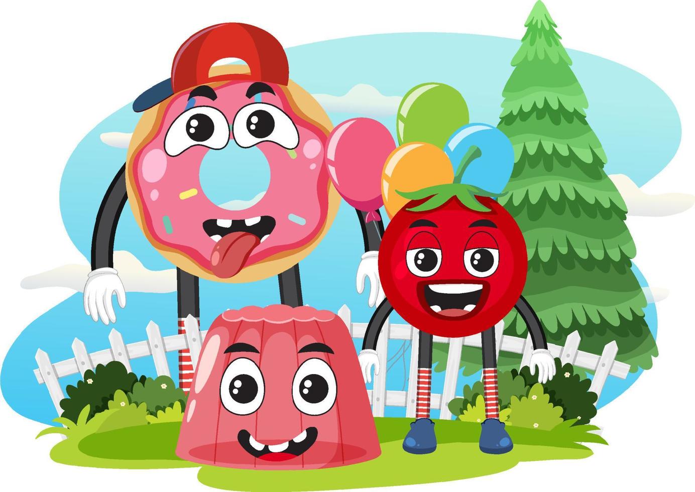 Funny food cartoon character at the garden vector
