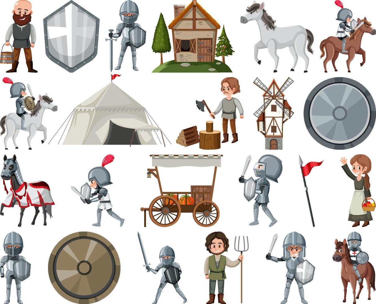 Medieval cartoon characters and objects vector