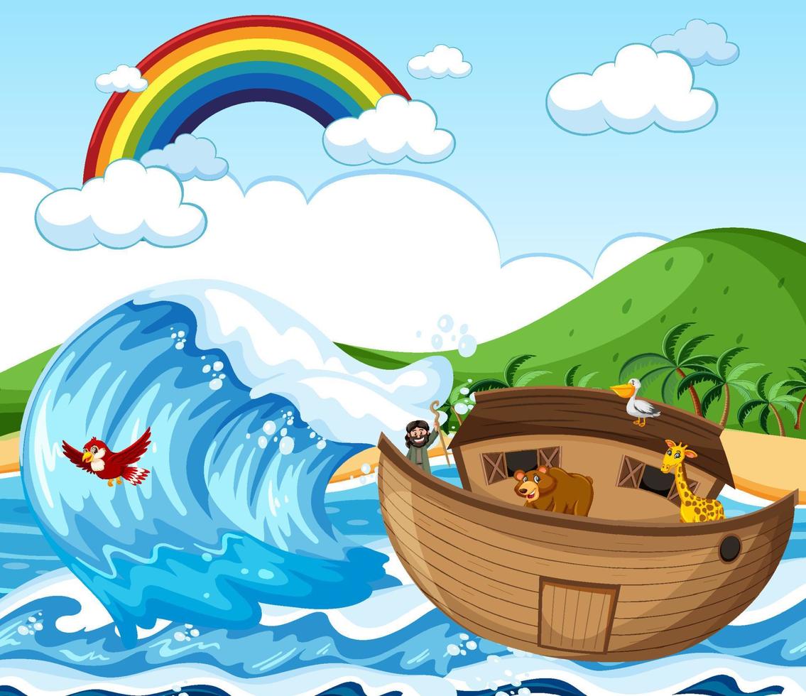 Noah's Ark with wild animals in nature scene vector