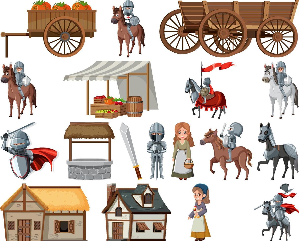 Medieval cartoon characters and objects vector