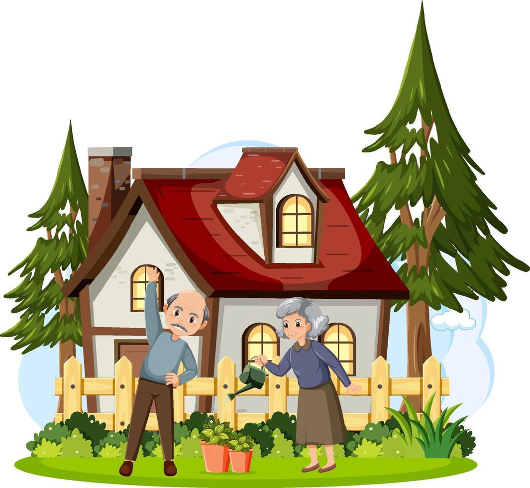 Elderly couple gardening on white background vector