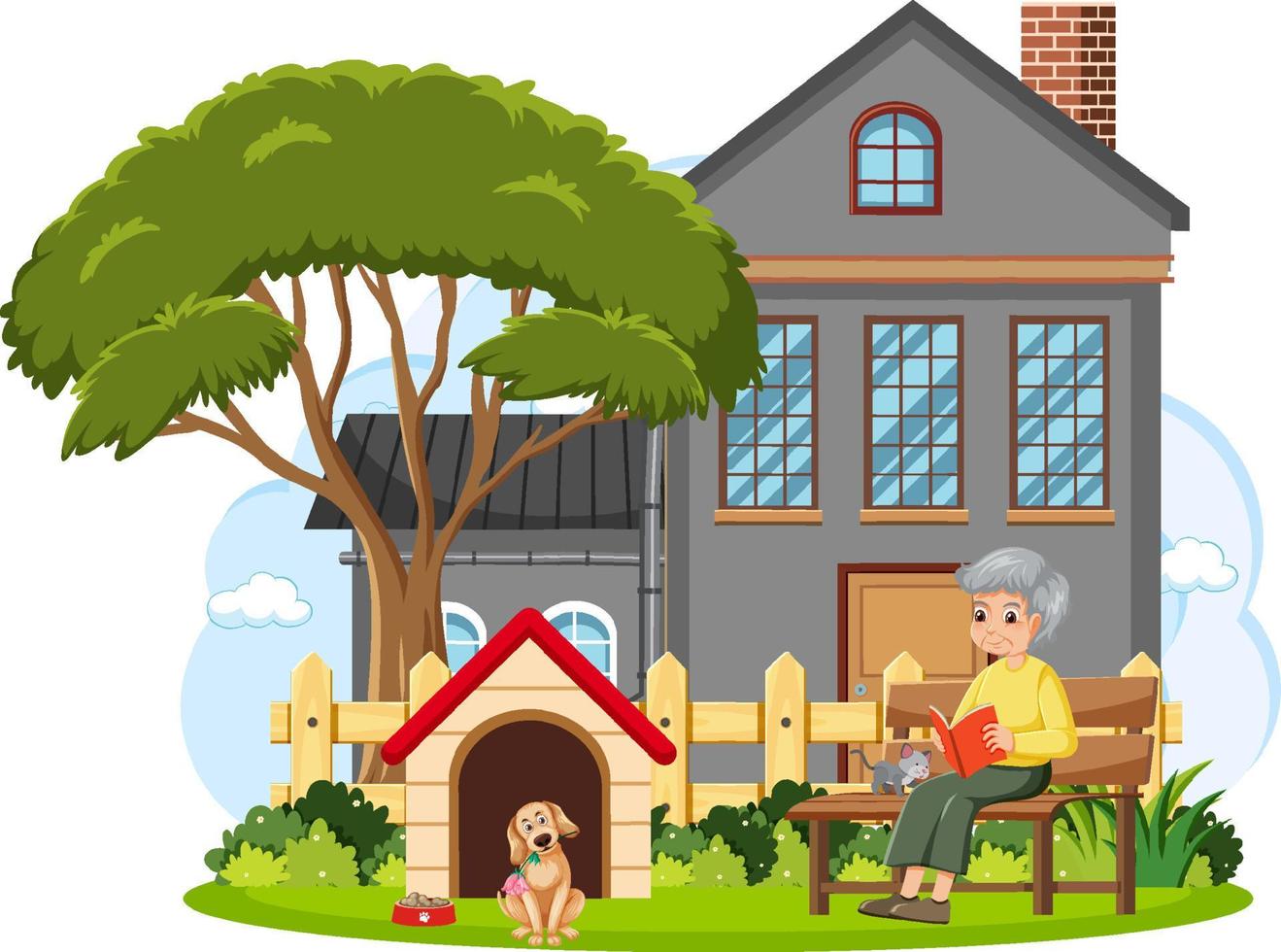 Grandmother reading book in front of house vector