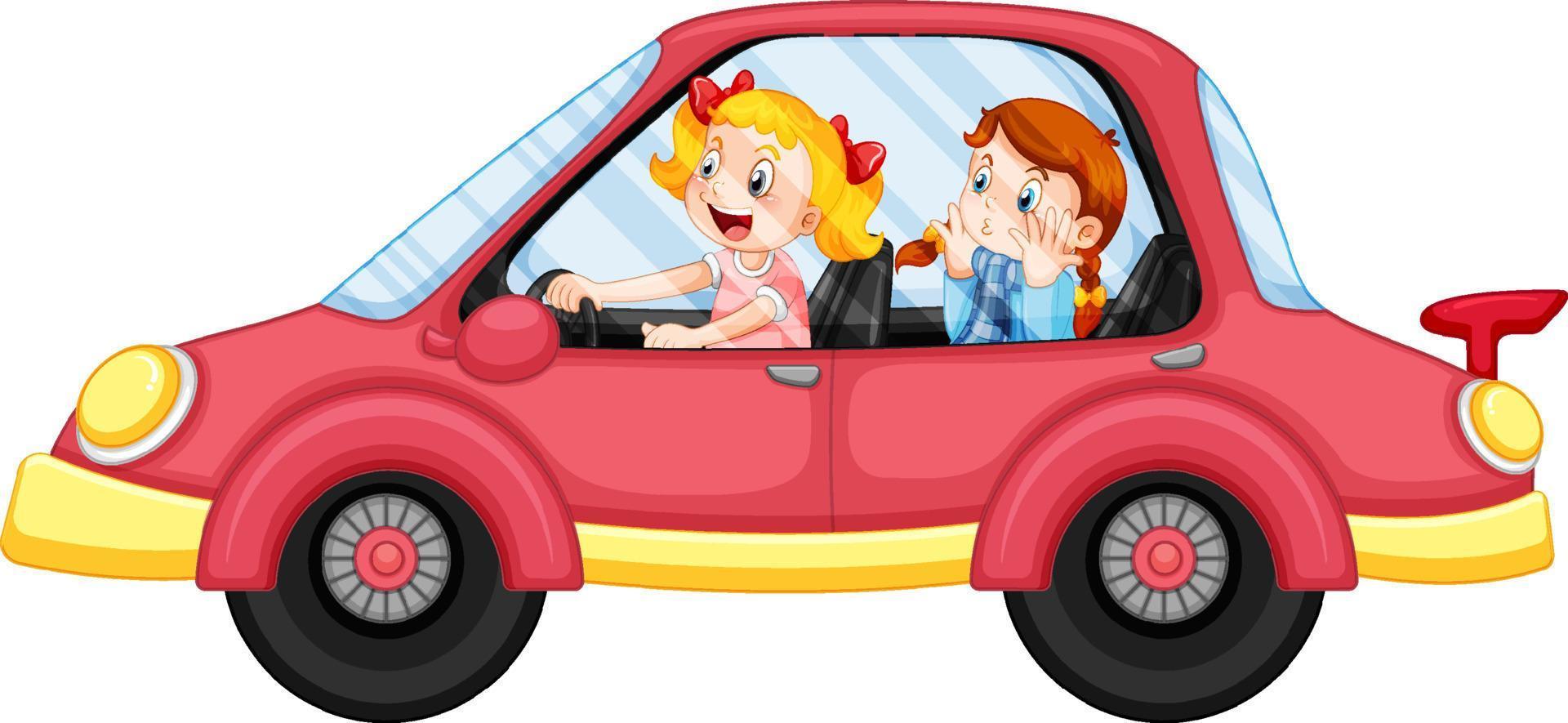 Kids in a red car in cartoon style vector