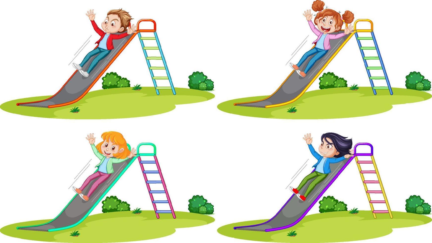 Set of different kids sliding down a slide vector