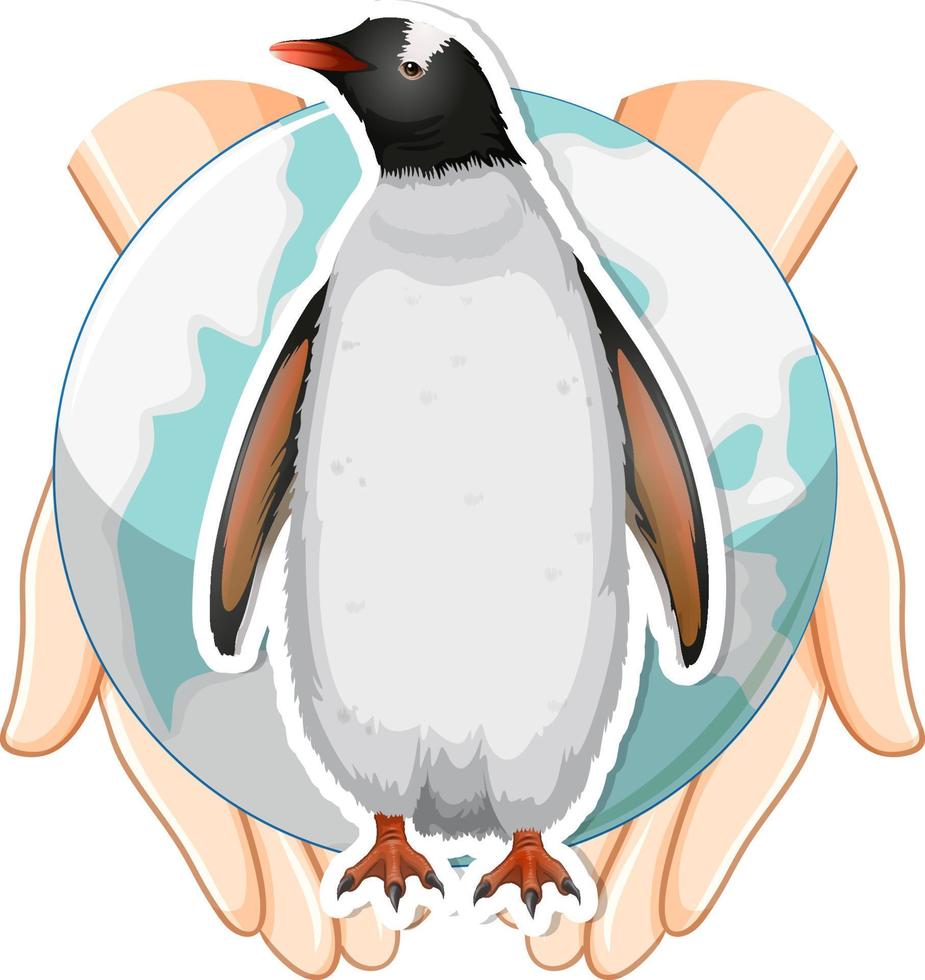 Penguin and earth on human hands vector