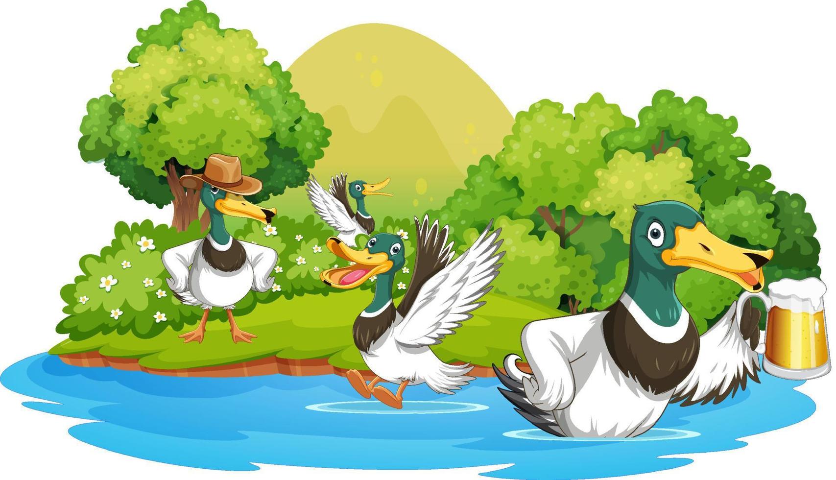 grupo de patos felices en la escena de la naturaleza vector